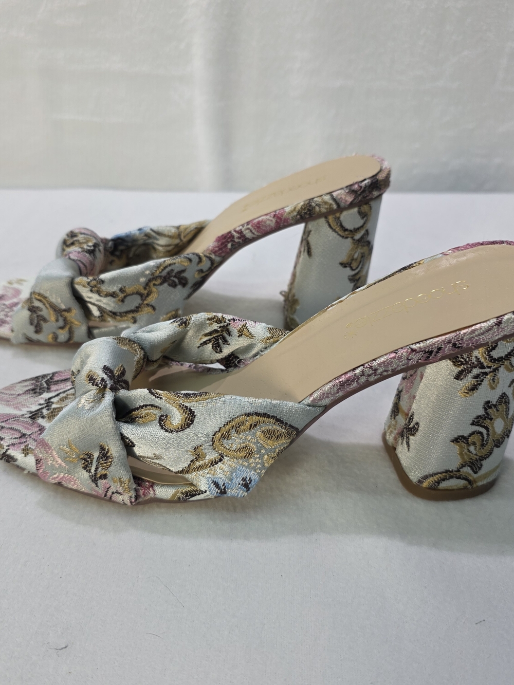 Shoe Dazzle Floral Knot Block Heel Slides NEW